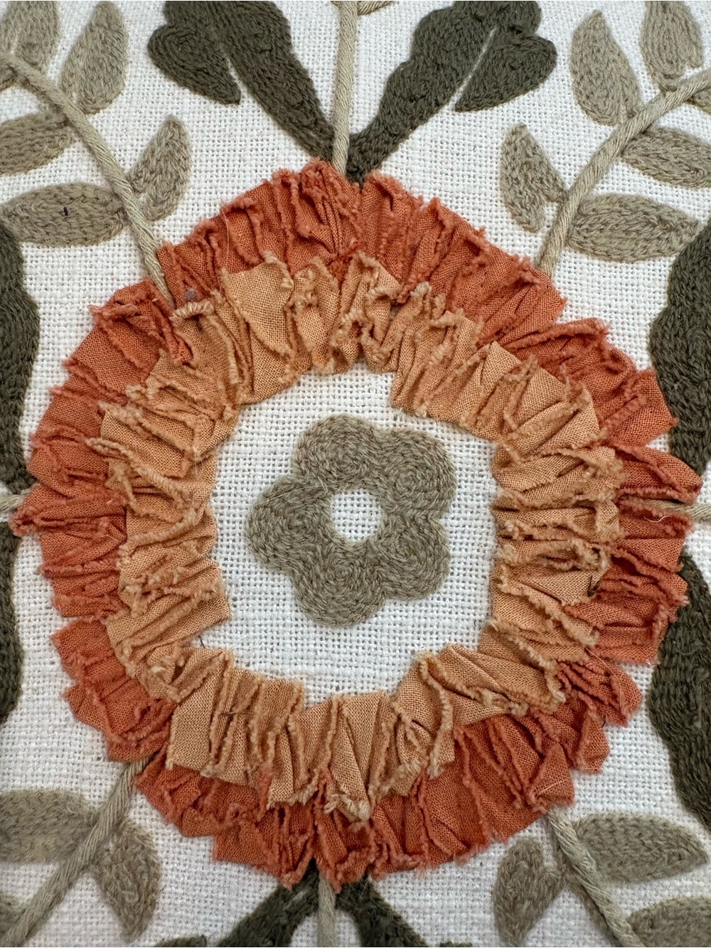 Embroidered Floral Throw Pillow. Fall square texture accent autumn orange green - Picture 4 of 8
